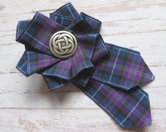 Pride of Scotland Tartan Ruffle Rosette Celtic Button Mini Brooch Pin Scottish Highland Plaid Ribbon Gothic Wedding Gift- Made to Order