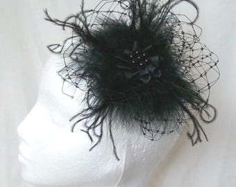Black Vintage Fascinator with Fluff Feathers Veiling Gothic Victorian Wedding Funeral Hair Clip Headpiece -Made to Order