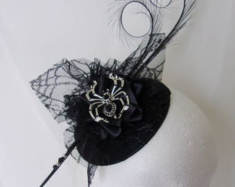 Black Gothic Fascinator with Cobweb Lace Curl Feather and Silver Spider Brooch Percher Wedding Halloween Mini Hat - Made to Order