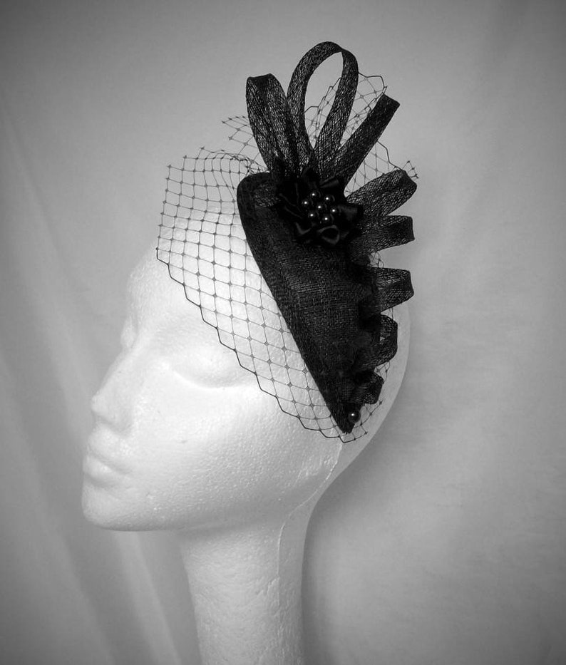 Black Sinamay Fascinator Blusher Veil Spiral Loop & Crystal Etsy UK