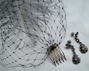 Black Merry Widow Veil - Birdcage Blusher Bandeau with Combs - Goth Gothic Vampire Bride Wedding Funeral Burlesque Veils - Made to Order