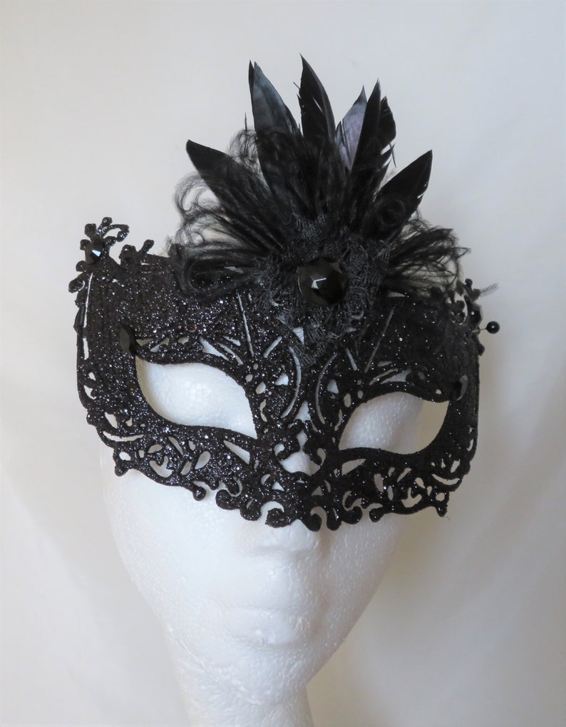 Black Glitter Mask Crystal Studded Masquerade Masks Feather Etsy