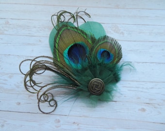 Dark Bottle Green Small Feather Bronze Celtic Vintage Button Hair or Hat Clip Wedding Party Fascinator Rustic Headpiece - Made to Order