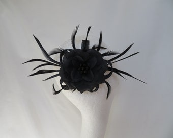 Black Sinamay Feather and Rose Crystal Comb Updo Mini Fascinator Headpiece Wedding Gothic Goth Races Made - Ready to Wear