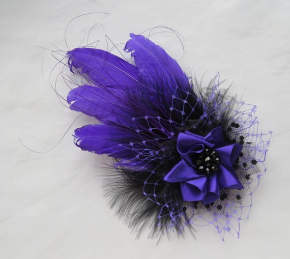 Hand Crafted Purple and Black Feather Hair Clip Copy-Black Ostrich Feather Hat Pin Hair Clip with Purple  main image 4