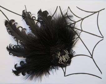 Black and Silver Spider Feather Fascinator Brides Headpiece Hair Clip - Wedding Costume Spooky Halloween -  Made to Order