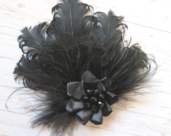 Small Black Vintage Feather & Crystal Flower Hair Clip Fascinator Headpiece Funeral Wedding Gothic Goth - Made to Order