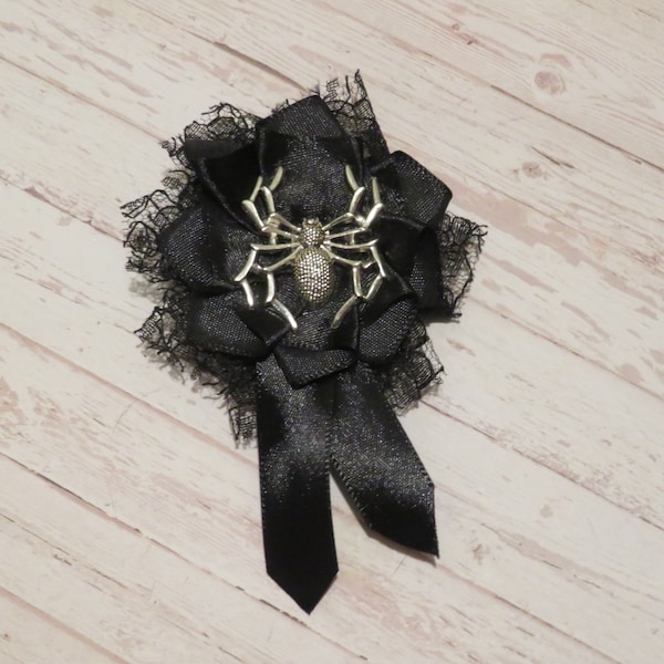 Black Lace and  Satin Ribbon Ruffle Rosette Mini Brooch Pin with Silver Spider Charm Gothic Goth Spooky Wedding Gift- Made to Order