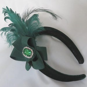 Handmade Bottle Green Feather Headband - Vintage Retro Halo Padded Velvet Band Crystal Emerald - Wedding Gothic Goth Bride - Ready Made