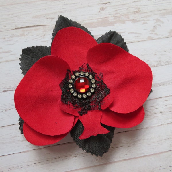 Scarlet Red and Black Orchid Flower HairClip Gothic Vintage Rockabilly Fascinator Gifts - Ready to Wear