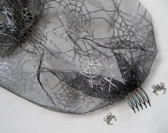 Black and Silver Cobweb Veil Tulle Mesh Birdcage Bandeau Wedding Bridal Brides Veil Combs Gothic Goth Halloween Widow Spider - Made to Order