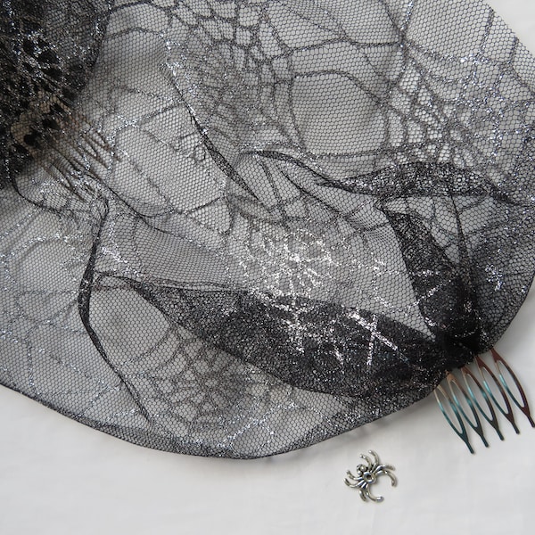 Black and Silver Cobweb Veil Tulle Mesh Birdcage Bandeau Wedding Bridal Brides Veil Combs Gothic Goth Halloween Widow Spider - Made to Order