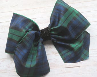 Black Watch Tartan Plaid Glitter Hair Bow - Girls Accessories Bows Clip in Bows - Retro Goth Gothic Style Wedding Party - Made to Order