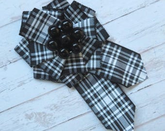 Menzies Ribbon Ruffle Tartan Brooch Pin: Black & White Plaid Rosette, Scottish Wedding Ceilidh