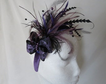 Black & Mauve Lilac Purple Feather Pearl and Crystal Bow Vintage Goth Gothic Padded Velvet Headband Band - Wedding Party - Ready Made