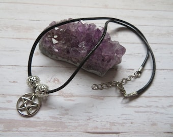 Silver and Black Pentagram Necklace Choker Gothic Goth Witch Alternative Witchcraft - Ready Made