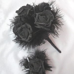 Black Rose Bouquet -  Lace and Ostrich Feather Bridal Brides Vintage Wedding Gothic Posy - Halloween Goth Bride - Made to Order
