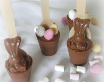 Hot Chocolate Spoon - Easter Malt Bunny orMini Eggs - Handmade Belgian Chocolates Gift - Milk Chocolate Marshmallows
