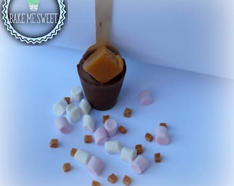 Vanilla Fudge Hot Chocolate Spoon Stirrer with Mini Marshmallows Handmade Belgian Chocolate Gift Birthdays Favors Party