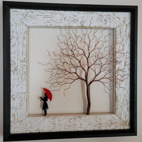 Copper wire tree.  Made to Order. Wire art.  Metal Art.  Wall decor. Copper wire sculpture.  Girl with red umbrella.