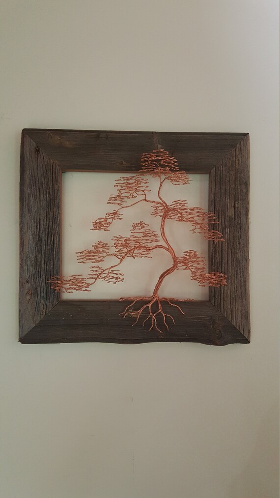 Copper Bonsai Tree Sculpture On Barn Wood Wall Hanging