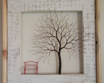 Metal Art.  Wall decor. Copper Wire Tree Sculpture. Red Bench.