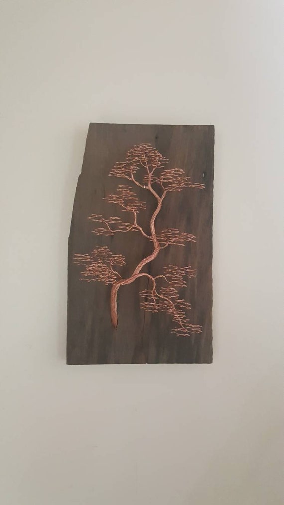 Copper Bonsai Tree Sculpture On Barn Wood Wall Hanging - Wire Wall Art Trees Copper Bonsai Tree Sculpture On Barn Wood Wall Hanging - Wire Wall Art Trees