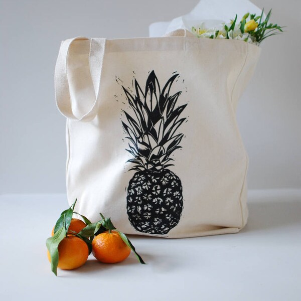 Shopper tote canvas bag with screen print pineapple linocut totally tropical gift