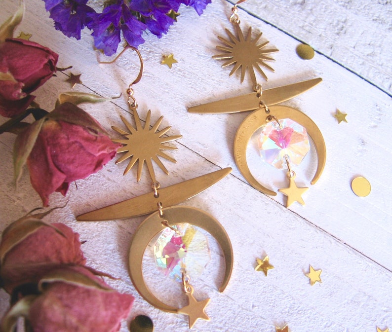 Everything Zen Earrings Yoga Earrings Bohemian Earrings Celestial Earrings Sun Moon Stars Meditation Modern Earrings Crystal