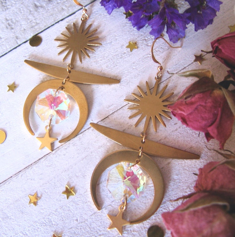 Everything Zen Earrings Yoga Earrings Bohemian Earrings Celestial Earrings Sun Moon Stars Meditation Modern Earrings Crystal