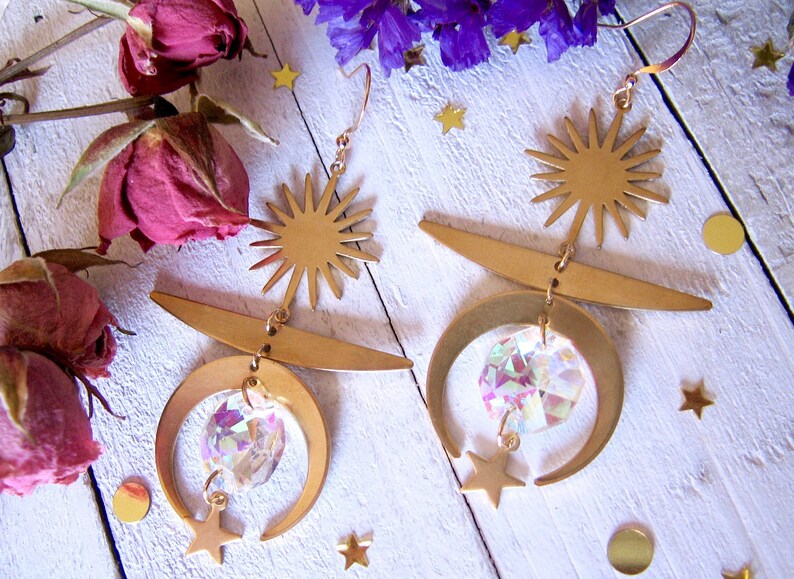 Everything Zen Earrings Yoga Earrings Bohemian Earrings Celestial Earrings Sun Moon Stars Meditation Modern Earrings Crystal