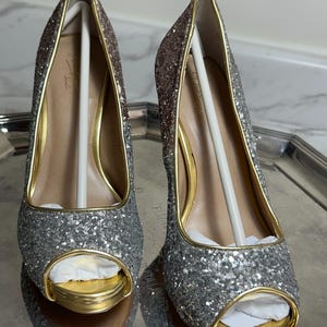Thalia Sodi Ombre Glitter Pumps: Silver to Bronze Heels, Gold Trim, Open Toe, 7.5M