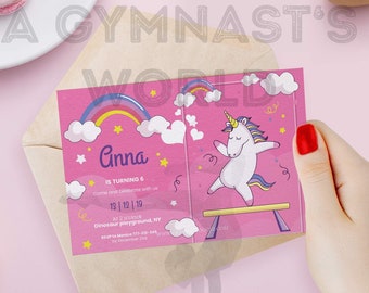 Könnte beinhalten: Eine rosafarbene und violette Geburtstagseinladung mit einem Regenbogen und einem Einhorn, das eine Gymnastikpose auf einem Schwebebalken macht. Die Einladung lautet "Anna wird 6" und enthält Datum und Uhrzeit der Party.
