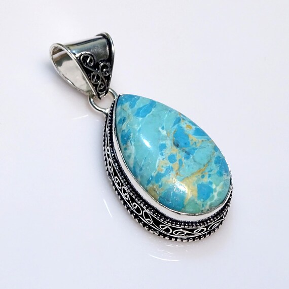 Ciondolo Vintage In Argento Sterling 925 Con Pietra Preziosa Di Rame E Larimar Dominicano, Fatto A Mano, Gioielli / 1196 - Italia - Foto 2