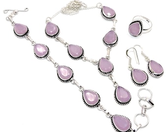 Faceted Rose Quartz 925 Sterling Silver Handmade Necklace Set S1