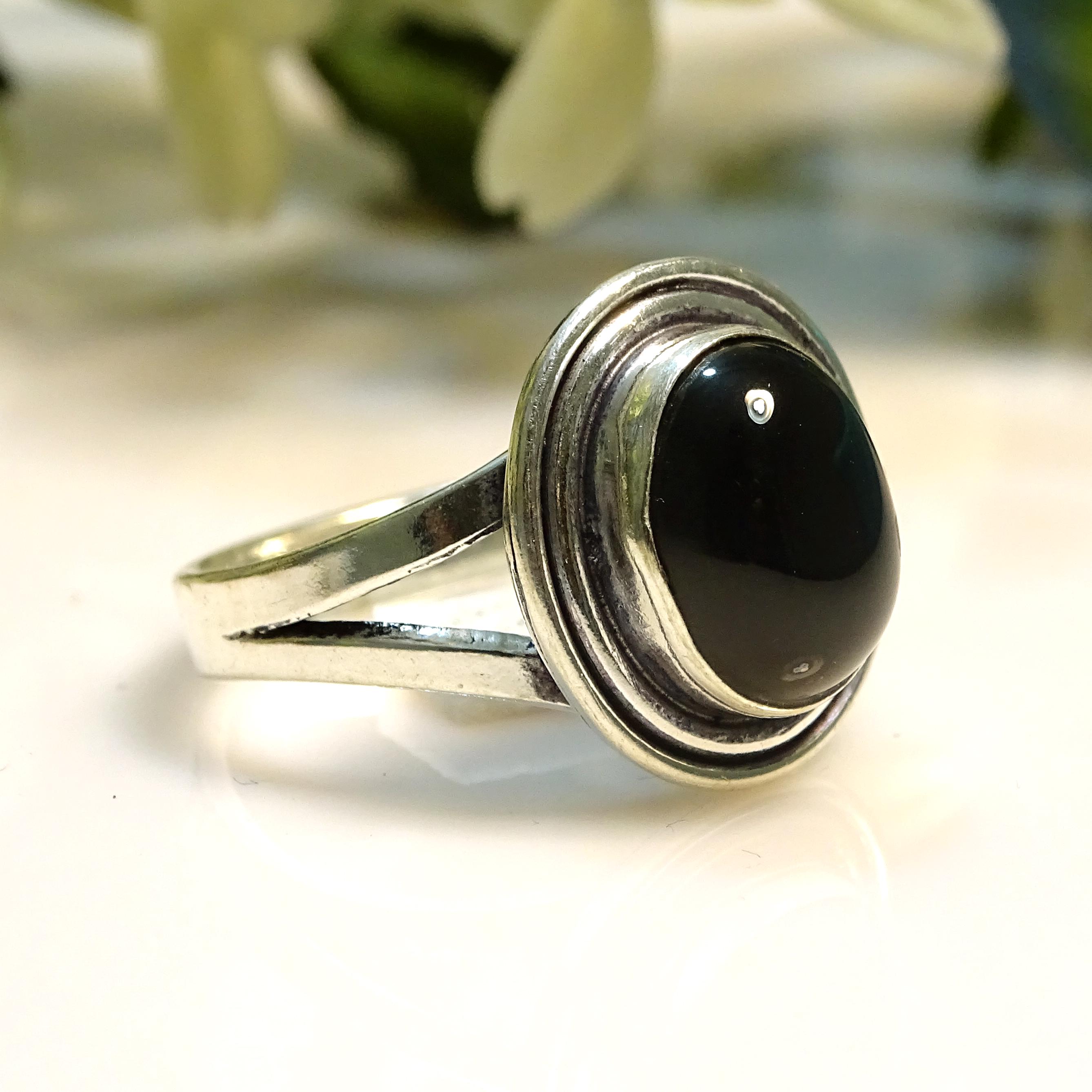 Anello Ovale In Onice Nero Fatto A Mano, Misura 7, Argento - Foto 9