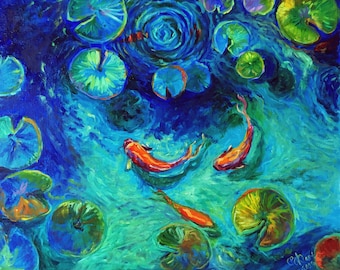 Water lilies pond with tropical fish. Original Oil Painting. Tropical Landscape with Water Lily Flower. Water Plants. Koi Fish. Carp Fish