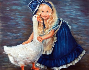 Original Oil Painting: Child with Goose on Linen Canvas, 24" x 28"