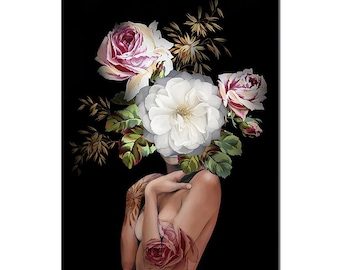 Nude Woman With Flowers On The Head Canvas Print from Oil Painting Lady Floral Portrait Poster On Cotton Canvas Art print 30 x 40 cm Modern