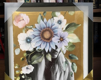 Flower Head Lady Portrait: Gold Foiled Framed Art Print