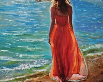 Painting on Commission. Seascape. Original Oil Painting: Woman in Red Dress. Landscape, Beach, Portrait