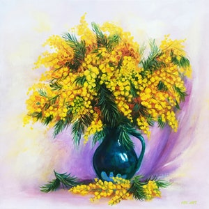Mimosa bouquet. Original Oil Painting. Spring Flower Landscape with Mimosa. Contemporary Art by artist Olga Begisheva K. OBK ART