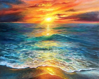 Artist Olga Begisheva K. Golden Sunset. Original Oil Painting. Sundown Tropical Seascape Ocean Waves Clouds Gloss Sky OBK ART