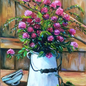 Red clover original oil painting Bouquet of wildflowers Landscape in rustic style. Impressionist art by Olga Begisheva K.