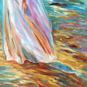 May include: An impressionistic painting depicts a figure in a flowing white dress, standing in shallow water. The artwork uses a palette of blues, oranges, and pinks to capture the light and movement of the water and fabric. The painting is signed and dated 2025.