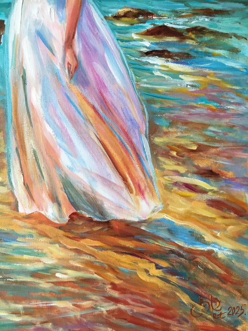 May include: An impressionistic painting depicts a figure in a flowing white dress, standing in shallow water. The artwork uses a palette of blues, oranges, and pinks to capture the light and movement of the water and fabric. The painting is signed and dated 2025.