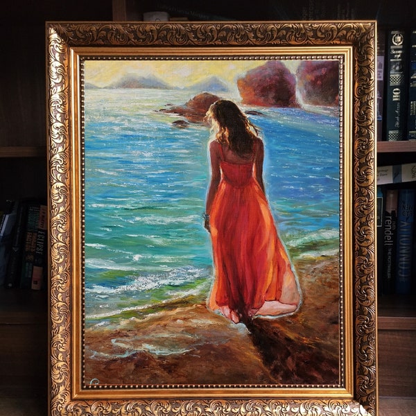 Künstlerin Olga Begisheva K. Frau schaut ans Meer. Mädchen im roten Kleid. Original Ölgemälde. Seelandschaft Tropische Strandlandschaft. OBK ART