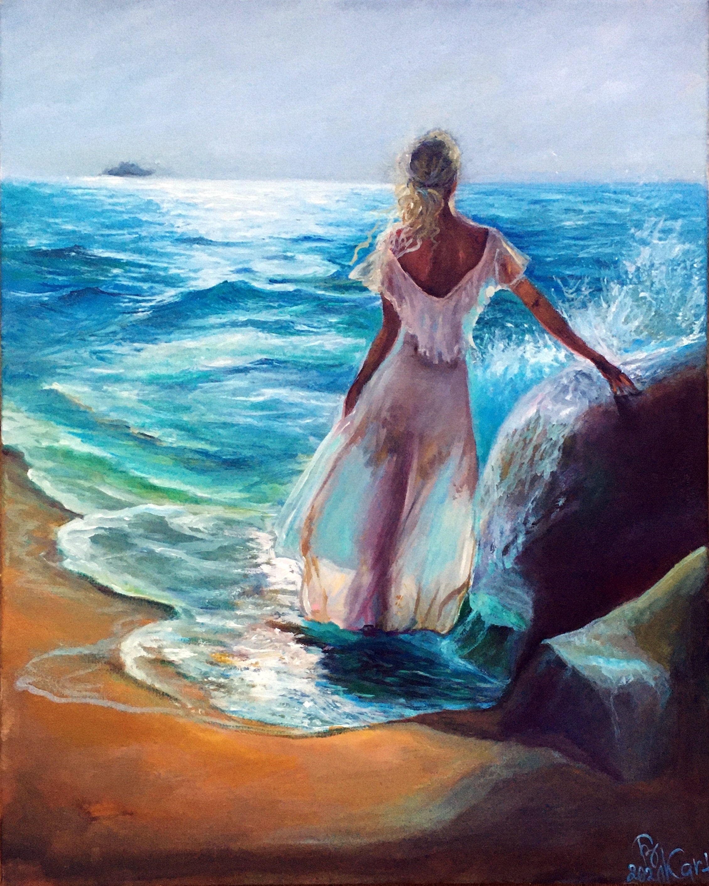 A Dream Day. Woman Looking at the Sea. Painting on Commission. Original ...
