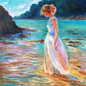 May include: An oil painting depicts a person in a white dress standing in shallow water at the beach. The artwork features a vibrant color palette of blues, oranges, and pinks, with a focus on the interplay of light and shadow. The person is facing down, with a pink flower in their hair.