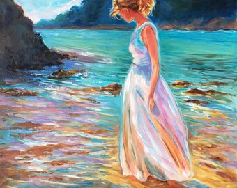 Original Seascape Oil Painting: Woman on a Tropical Beach (16 × 20 in.) Landscape
